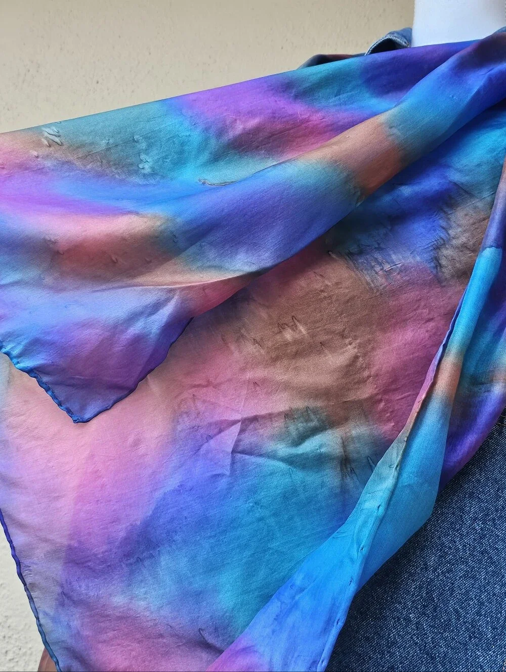 100% Silk Scarf Oil Spill Wearable Art Purple & Blue Multicolor W/ Drips